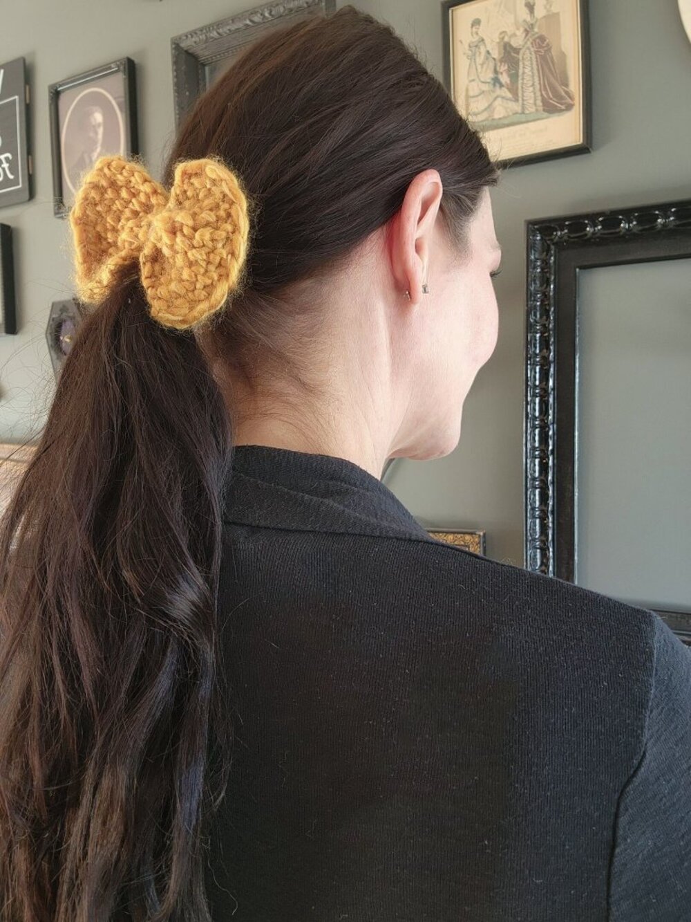 Knit Hair Bow, Handknitted Golden Yellow Ponytail Holder or Hair Band, Vintage L - Picture 3 of 10